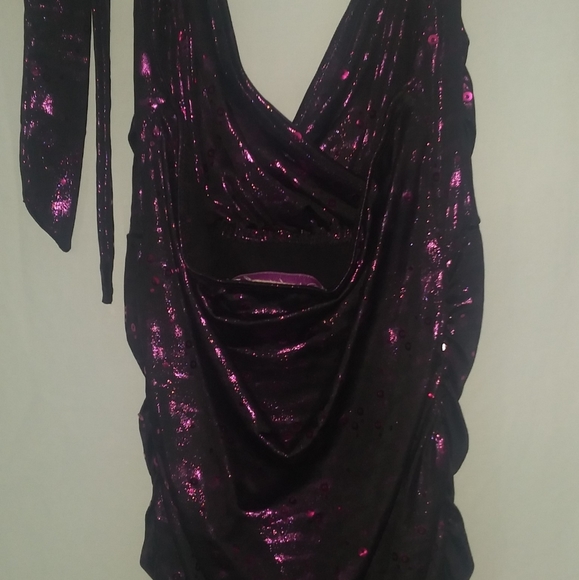 Purple Fabric Hot Pink Sequined Glittery Stretchy Style Halter Top - Picture 3 of 4